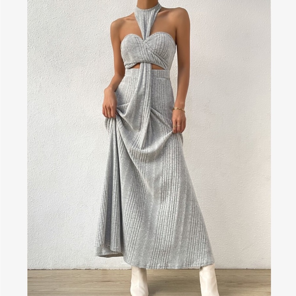 Sexy Sweetheart Cut Out Ribbed Knit Halter Maxi Dress Gray - Picture 6 of 6